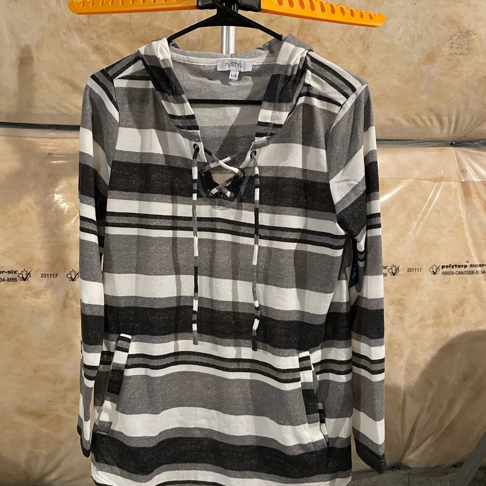 Striped Cowl Neck Sweater - Gray and White